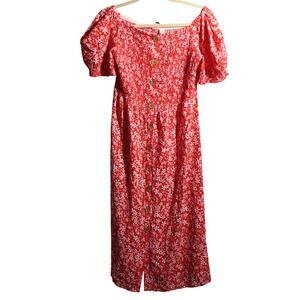 Roxy Red Floral Smocked Puff Sleeve Wood Buttons Midi Dress L Surf Boho Cottage